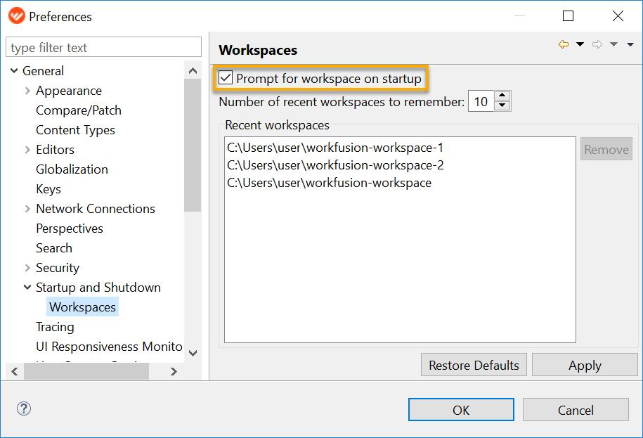 Go to Window > Preferences > General > Startup and Shutdown > Workspaces.