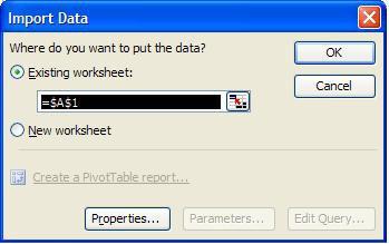 The Text Wizard window will close and Excel will ask where you would like to put the data. Press OK. 18.
