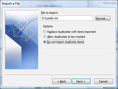 Click DO NOT IMPORT DUPLICATE ITEMS radio button. Click the NEXT> button. 10.