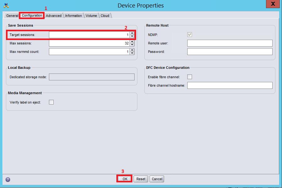 10. In Device Properties, on the Configuration tab, provide the Target sessions information and click OK.