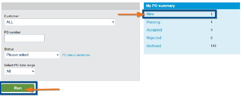 STEP 2 - PO Summary - New Purchase Orders New: If your buyer/ customer uses the PO convert service, wait for the purchase order to arrive in the My PO Summary section.