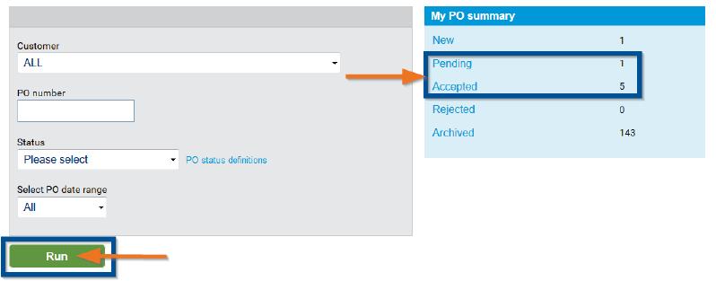 STEP 3 - PO Summary- Pending/Accepted Purchase Orders Pending: If you have requested an update to your purchase order, wait for the purchase order to appear in the My PO Summary section.