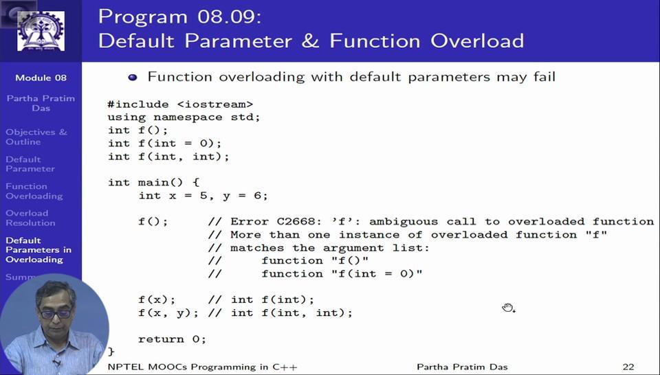 trying to illustrate is default parameters and function overloading can be mixed together as long as the whole thing can be resolved. And, of course it can fail. (Refer Slide Time: 20:25).