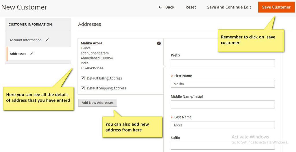 1.2 New customer address information Figure 1.2 New customer address information This is backend address information in which you have to enter all the mandatory fields.