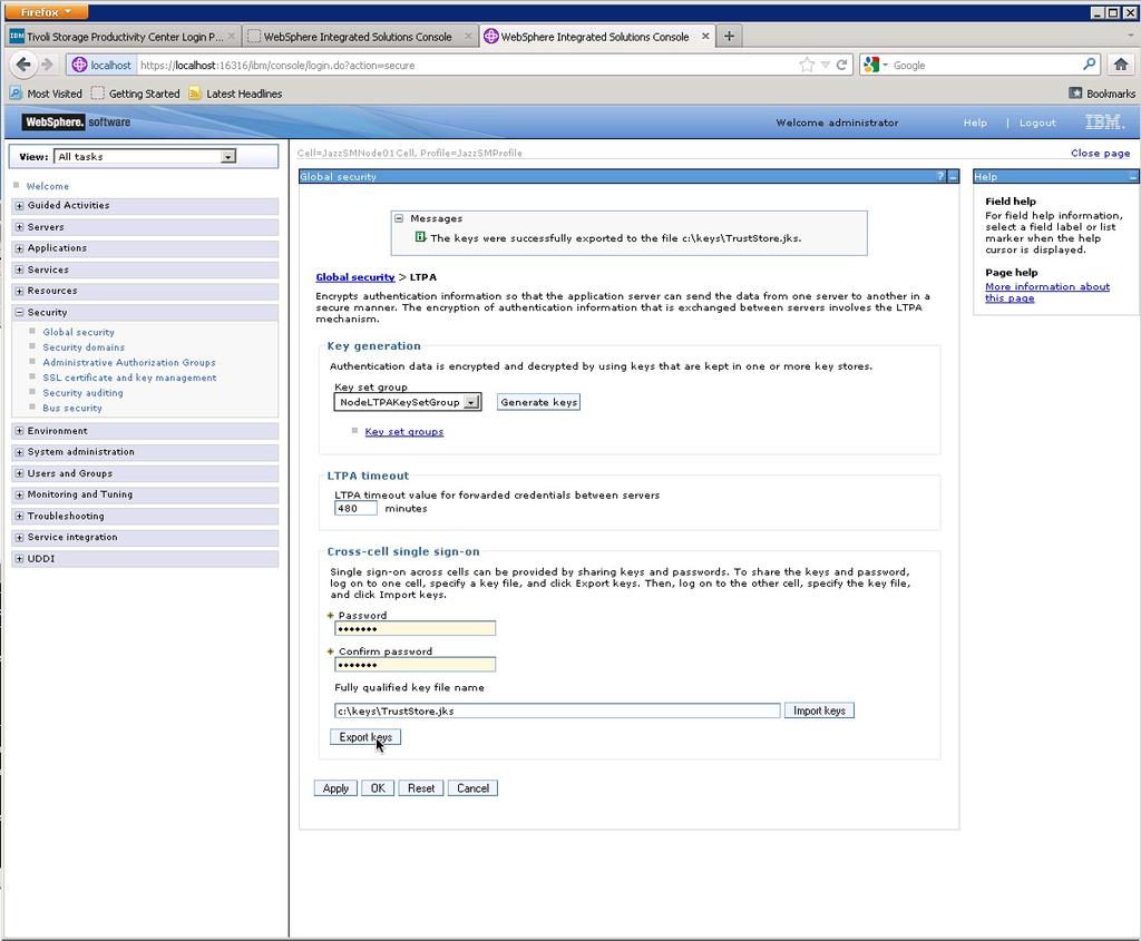 Figure 13. Exporting the LTPA key 7. Log in to the WebSphere Integrated Solutions Console for Tioli Storage Productiity Center.