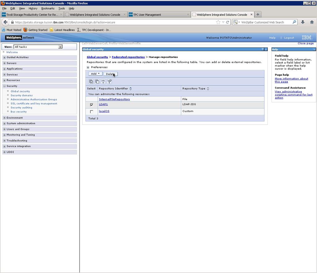 Figure 11. Deleting the LDAP repository 11. In the message dialog box that is displayed on the Manage repositories page, click the Sae link in Sae directly to the master configuration. 12.