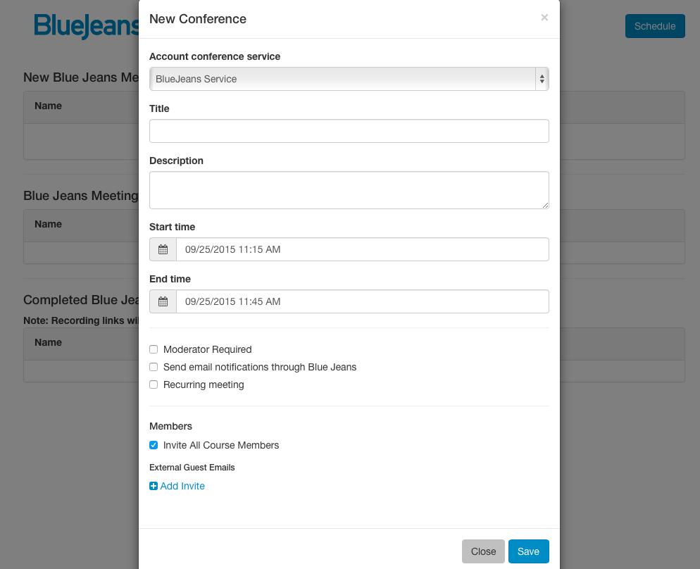 Select the Blue Jeans service you want to use to host the meeting from the Account Conference Service drop-down.