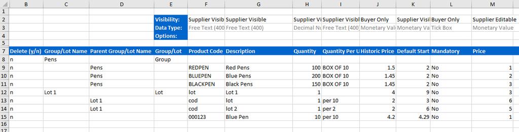 The standard columns are displayed in the template with their fixed attributes. The standard column headings can be edited, but not the data type or options.