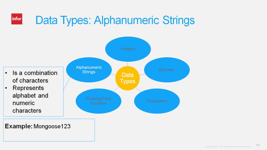 The Alphanumeric Strings data type is a combination of alphabet and numeric characters.