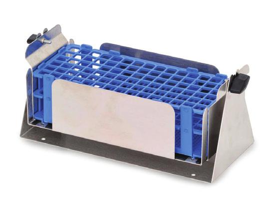 Stainless steel holder includes removable plastic rack. Rack is easily removed to transport from work area to shaker. Inside pivoting rack dimensions: 5.1 10.8 3.9" (12.9 27.4 9.