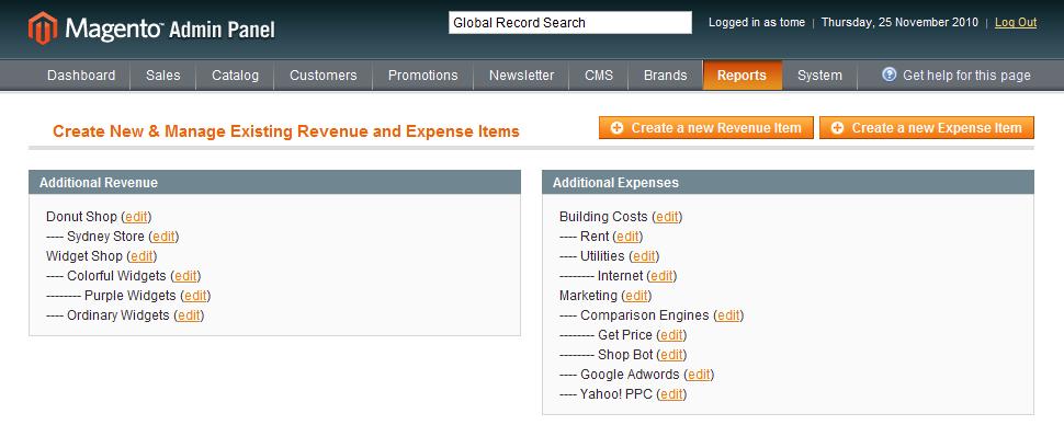 Creating and Managing Additional Expense & Revenue Items To add, edit or delete additional revenue and expense items navigate to the Manage Revenue and Expenses by clicking on Reports