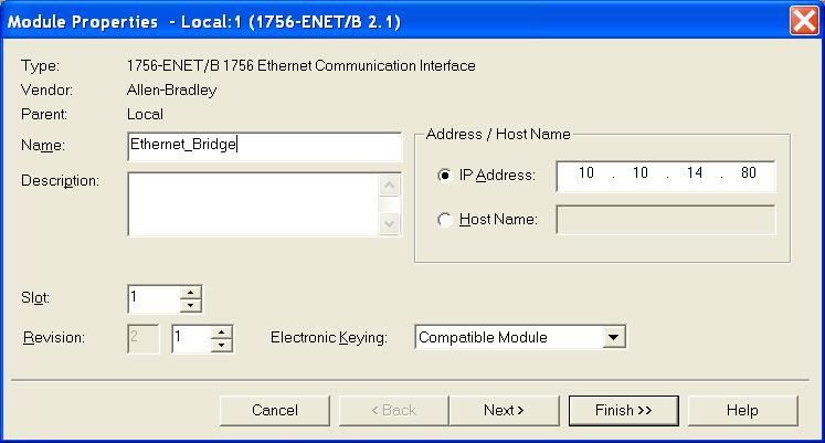 Then enter the desired settings and press finish. Figure 5 Configuring the settings for the Ethernet module. 8.2.