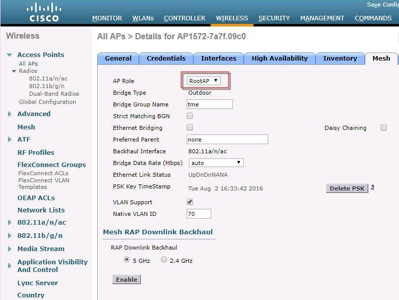 Defining Mesh Access Point Role Connecting the Cisco Mesh Access Points to the Network Configuring the AP Role (GUI) To configure the role of a mesh access point using the GUI, follow these steps: