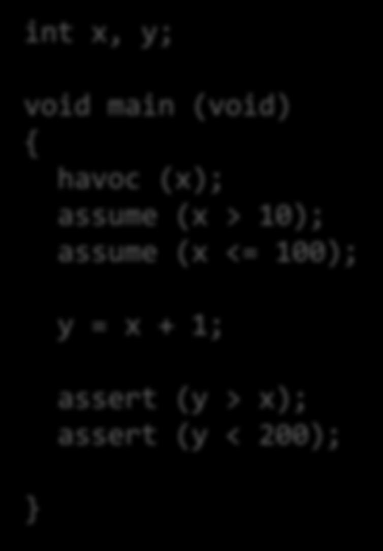 Modeling with Non-determinism int x, y; void main (void) { havoc (x); assume
