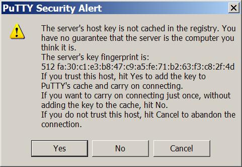 Click Yes to trust the host. d. The SSH client will prompt for the local username and password that was previously set on the Pod AP.
