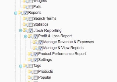 Simply check or uncheck the relevant boxes that appear next to Jtech Reporting under the Reports heading in the