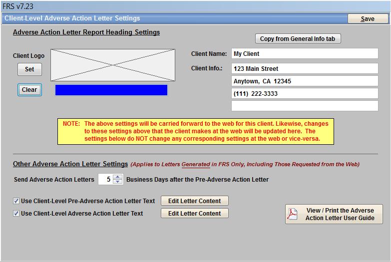 The Adverse Actin Letter Reprt Heading Settings: These settings prvide the ability t Set a Lg Graphic and Return Address Infrmatin fr yur client.