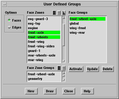 7.12 Creating Groups 7.12.1 The User Defined Groups Panel The User Defined Groups panel allows you to create groups of surfaces, which will be available in all the TGrid panels. Boundary Zone Group.
