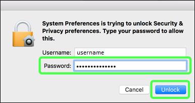 3. Enter the password for your account (must be an administrator on the system) to allow changes. Press the Unlock button 4.