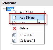 The following example defines a sibling category: 1. Right-click on the Basic item, and select Add Sibling: The console displays the New Category window. 2.