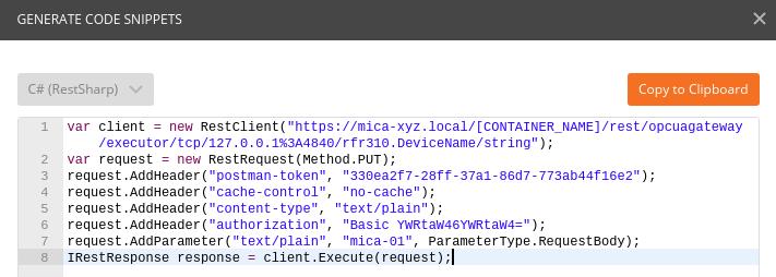 4.3 Writing data using the Chrome R Postman add on By means of a PUT command you may write data to the field identifier. To test it, use again the Chrome R add on Postman and enter e.g. https://mica-xyz.