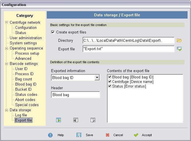 3 Program Configuration Configuration of data storage Configuration of the export file The second data storage page lists all basic settings for the export file creation.