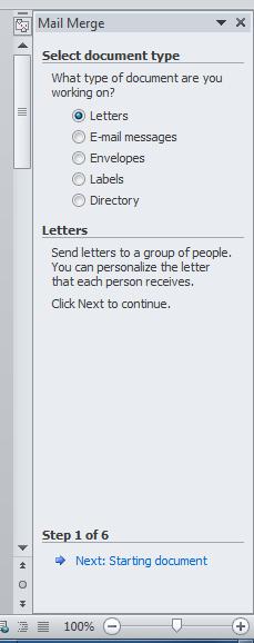 Step 1: Select document type. Letters is already selected for you. Click on the blue highlighted Next: Starting document. 7.