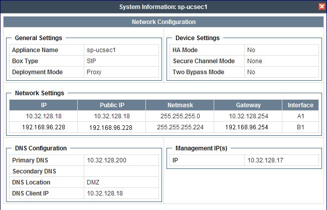 In the Appliance Name field is the name of the device (sp-ucsec1). This name will be referenced in other configuration screens.