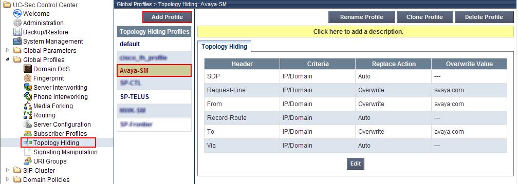 7.12. Topology Hiding Topology hiding allows the host part of some SIP message headers to be modified in order to prevent private network information from being propagated to the untrusted public