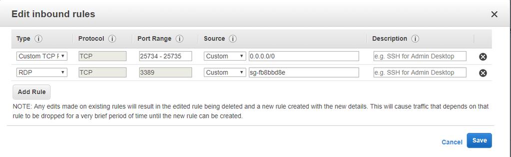 Figure 7: Inbound Security Group rules for the jump host This rule adds one more security group rule to the security group associated with the license server instance.