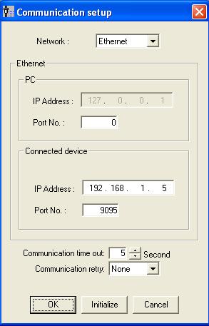 [Initialize]- Initialize all communication setup. < Initial value> Local Port No.: 0 Connected device IP address: 19