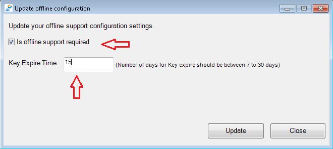 Figure: Update offline configuration in Multifactor 3. Update offline configuration window appears. Select Is offline support required check box and enter the Key Expire Time between 7 to 30 days.