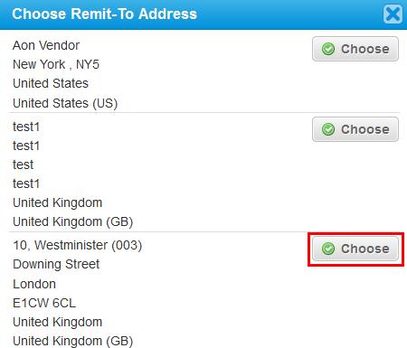 Note: If there is only one Remit-To address stored in your profile, then Coupa will default to that address and there will be no pop-up to choose an address.