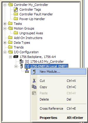 5 Next, select the 1756-ENBT module that you just created in the Controller Organization pane and click the