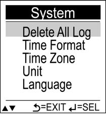 System System submenu allows you to delete all logs, setup time format, setup time