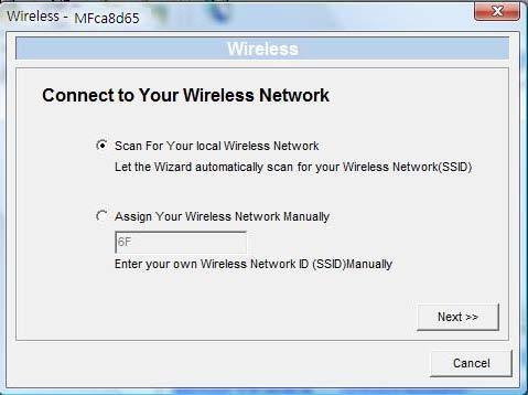 10. The Wireless Network Settings screen will allow you to connect your wireless MFP Server to your wireless router access point. The MFP Server will automatically scan the wireless networks nearby.