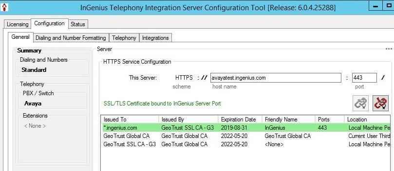 The InGenius Telephony Integration Server Configuration Tool screen is displayed.
