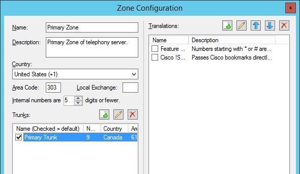The Zone Configuration screen is displayed next. For Country, Area Code, and Internal numbers are, select and enter values to match the network configuration.