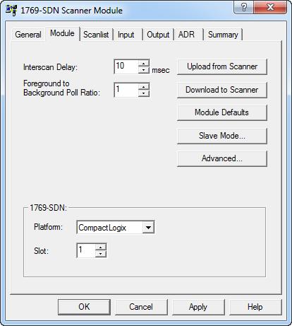 Click Upload to upload the 1769-SDN scanner configuration to the RSNetWorx for DeviceNet project and display the Module tab of the 1769-SDN Scanner Module dialog box. 12.