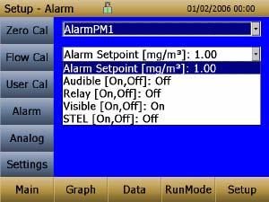 Alarm Alarm allows the user to set alarm levels on any of the 5 mass channels PM 1, PM 2.5, RESP, PM 10 and Total. For each mass channel, an alarm set point level and alarm type can be set.