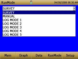 Run Mode The RunMode tab brings up sampling mode options. Sampling mode options include Survey Mode, Manual Log, and Log Mode 1-5.