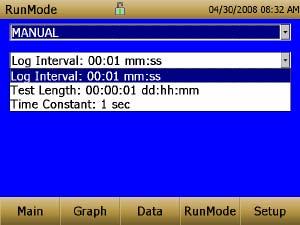 Manual Mode Log Interval The log interval can be set from 1 to 60 seconds. It is the amount of time between logged data points.