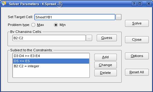 Chapter 4: Solver Tool Description 4.1. Solver Parameters Options: Set Target Cell Specifies the target cell that you want to set to a certain value or that you want to maximize or minimize.