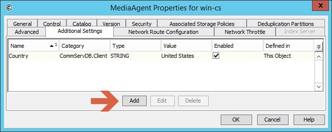 2) The MediaAgent Properties Window opens. Click on the Additional Settings tab, then click on Add. 3) Set ncloudnumofreadaheadthreads to 0.