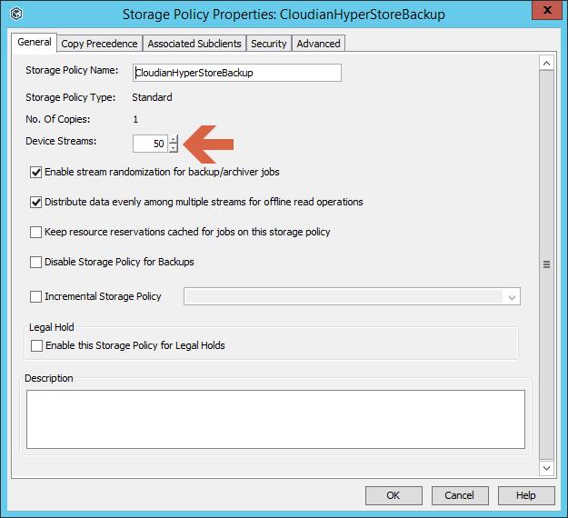 3) Under Storage Policy Properties > General, set the Device Streams to 50 (Default)
