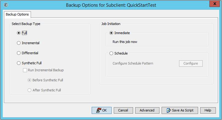 Right click on the Subclient Name and select Backup. 2) The Backup Options windows appears.
