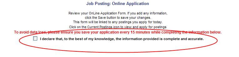 Applying for a Posting BEFORE clicking on Current Postings at the top of the screen, you will need to check the declaration box at the top of