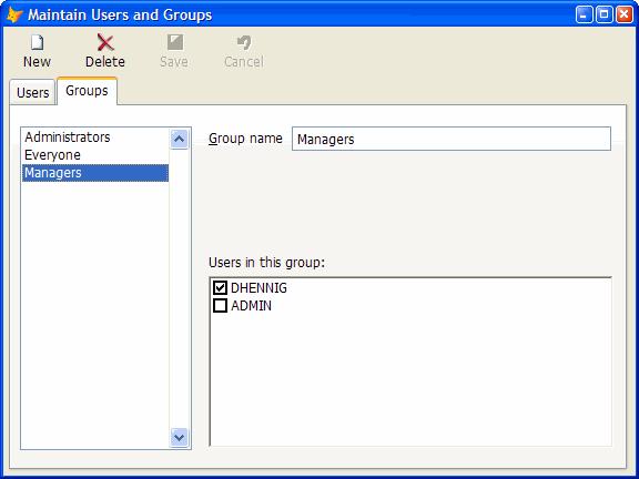 Figure 2. Define user groups and their members on the Groups page of SFUsersForm. The form is based on the SFUsersForm class in SFSecurityUI.VCX.