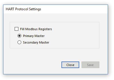 HART Protocol Settings With Fill Modbus Registers unchecked, RS-485 MicroLink-HM will function as a standard HART protocol modem and not poll HART devices to fill Modbus registers.