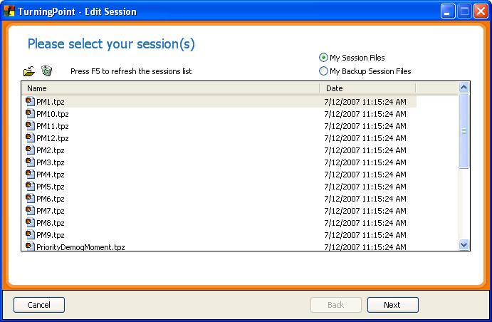 2 Select Session Management > Edit Session. The Edit Session window opens, displaying a list of session files in your sessions folder.